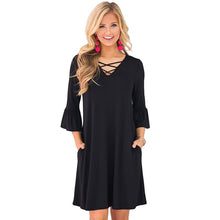 Load image into Gallery viewer, Women Plus Size Spring Crisscross V Neck Pockets Quarter Dresses 2018 New Flare Sleeve Short Fashion Jersey Black Dress