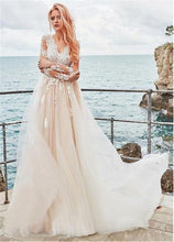 Load image into Gallery viewer, Exquisite Tulle V-neck Neckline A-line Wedding Dress With Lace Appliques Elegant Tulle Nude Long Sleeves Bridal Gowns