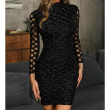 Load image into Gallery viewer, Women Autumn Vintage Bodycon Sequined Black Dress Evening Party Club Hollow-out Sleeve Jersey Stretch Casual Dress Vestidos