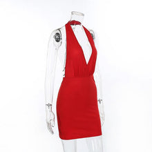 Load image into Gallery viewer, D117 jersey v-neck chain backless black mini halter dress