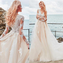 Load image into Gallery viewer, Exquisite Tulle V-neck Neckline A-line Wedding Dress With Lace Appliques Elegant Tulle Nude Long Sleeves Bridal Gowns